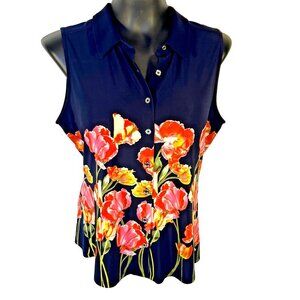Tommy Hilfiger Tank Blouse Women's M Navy Blue with Floral Print Sleeveless